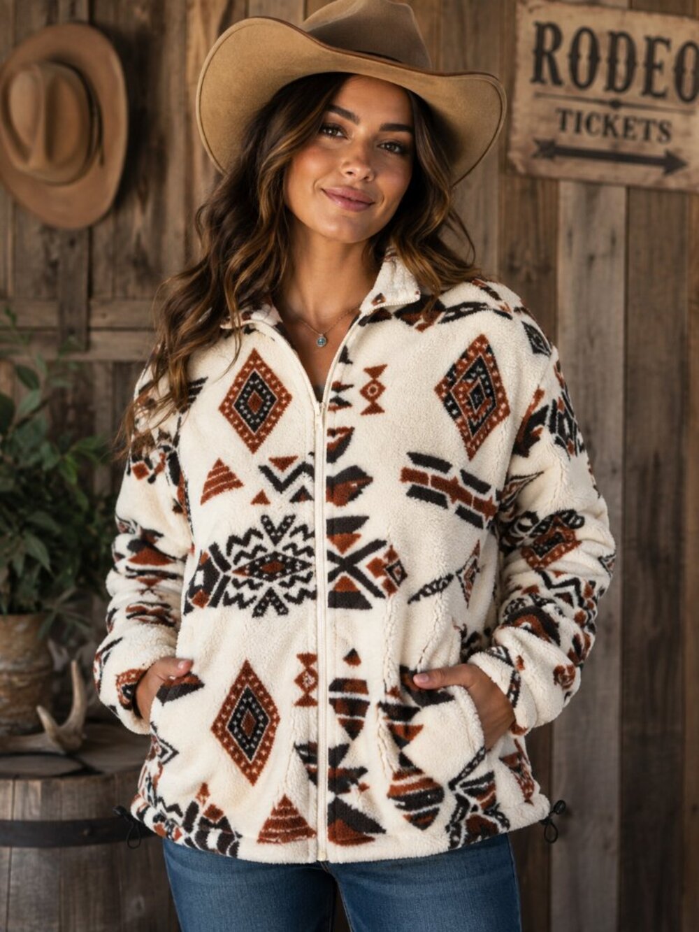 ZAFUL Geometric Aztec Teddy Fleece Zip Jacket Cream Rust Black M